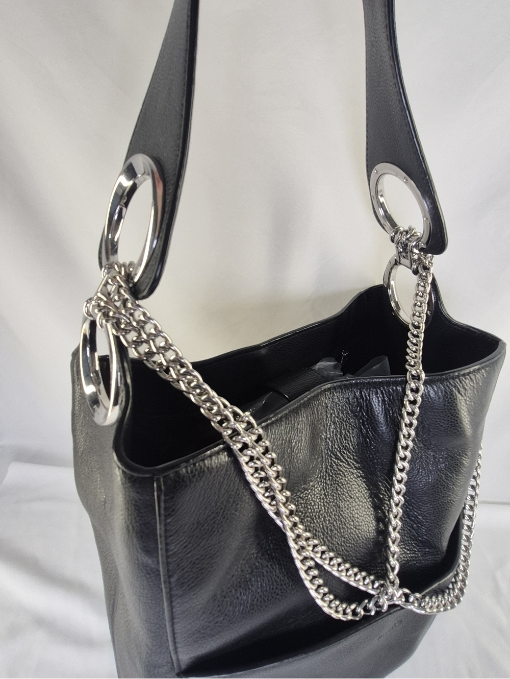 Pinko Black Leather Bucket Hobo Bag Purse Tote Chain Strap
